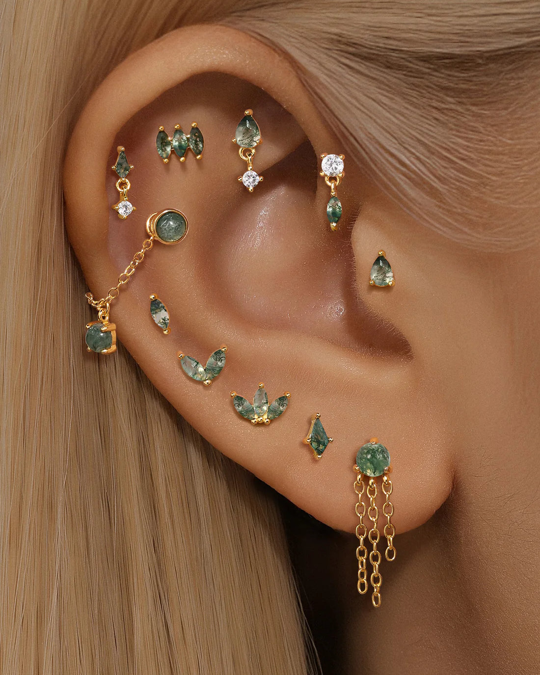 925 Sterling Silver All-Match Water Grass Agate Ear Piercing Stud