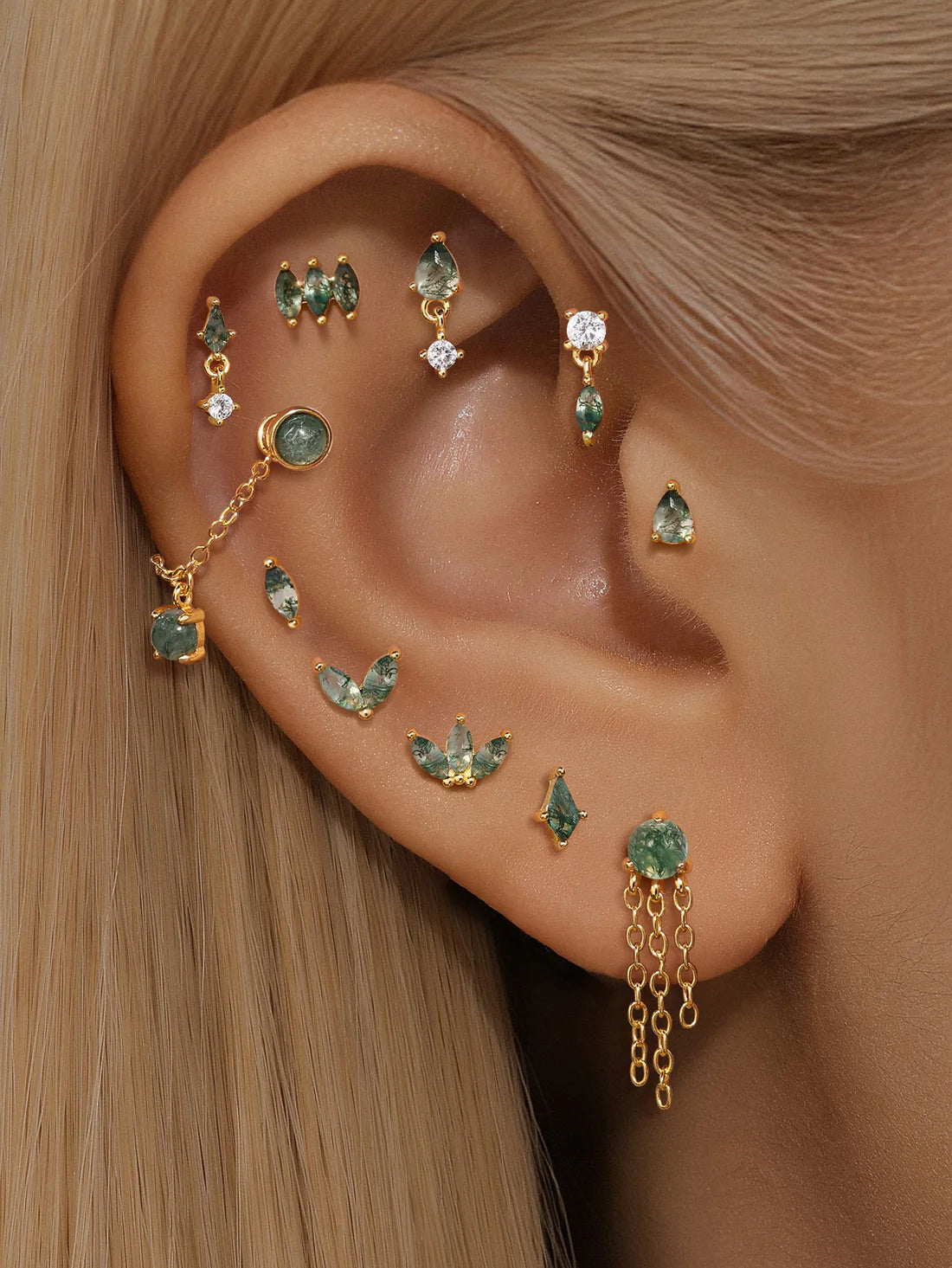 925 Sterling Silver All-Match Water Grass Agate Ear Piercing Stud