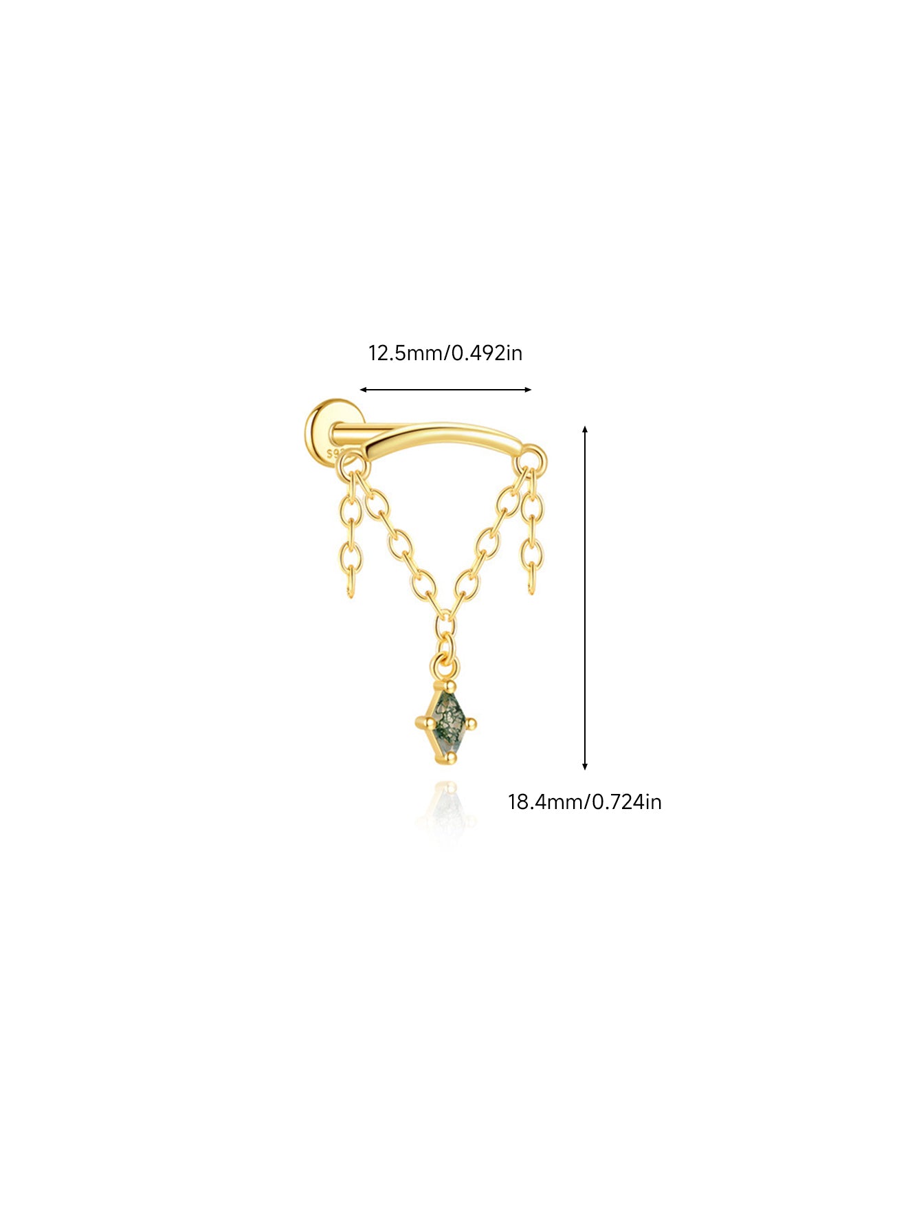 925 Sterling Silver Moss Agate Chain Dangle Flatback Stud