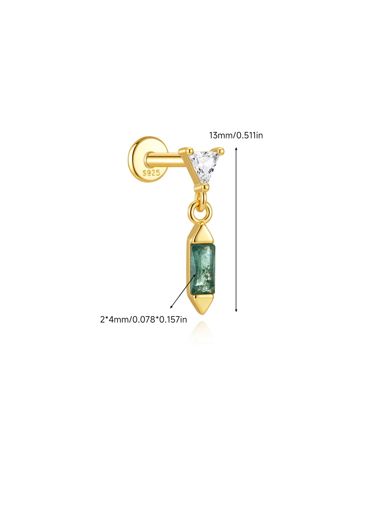 925 Sterling Silver Moss Agate Geometric Dangle Stud