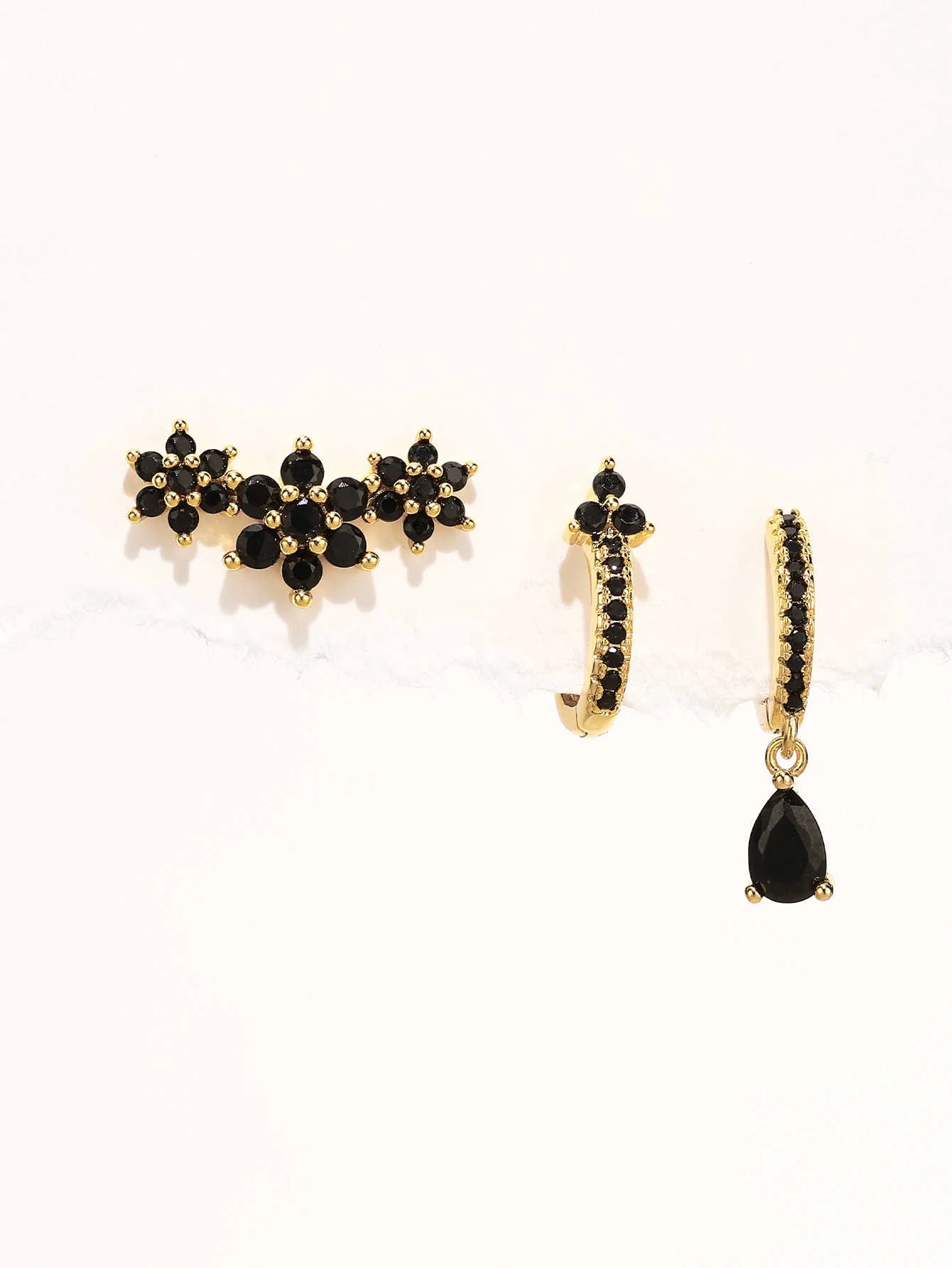 925 Sterling Silver Shiny Obsidian Flower Stud Earrings Set