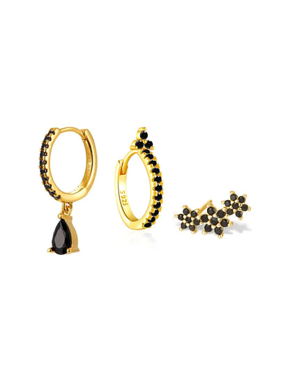 925 Sterling Silver Shiny Obsidian Flower Stud Earrings Set