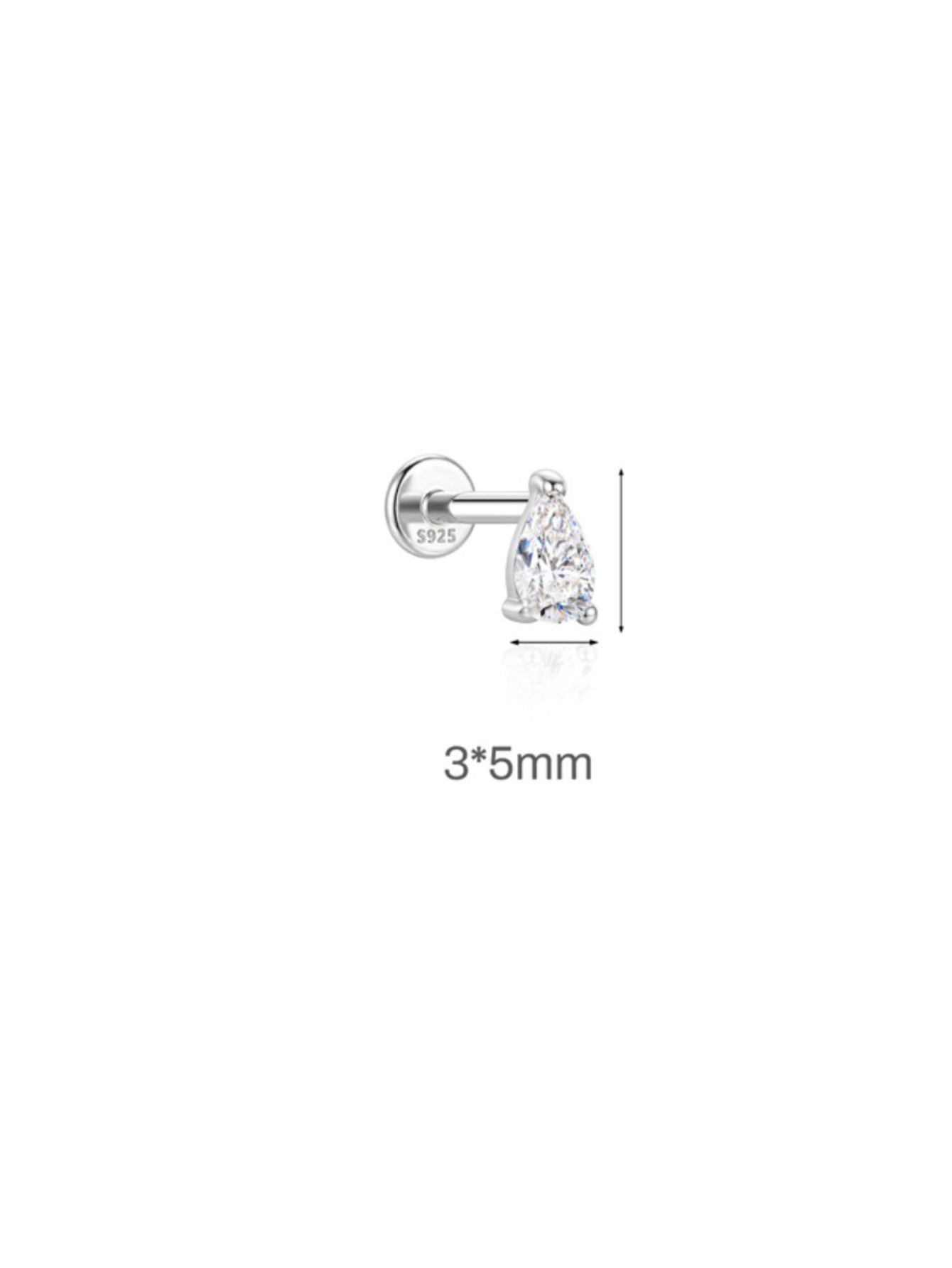 3x5mm pear-cut moissanite 925 sterling silver flat back stud