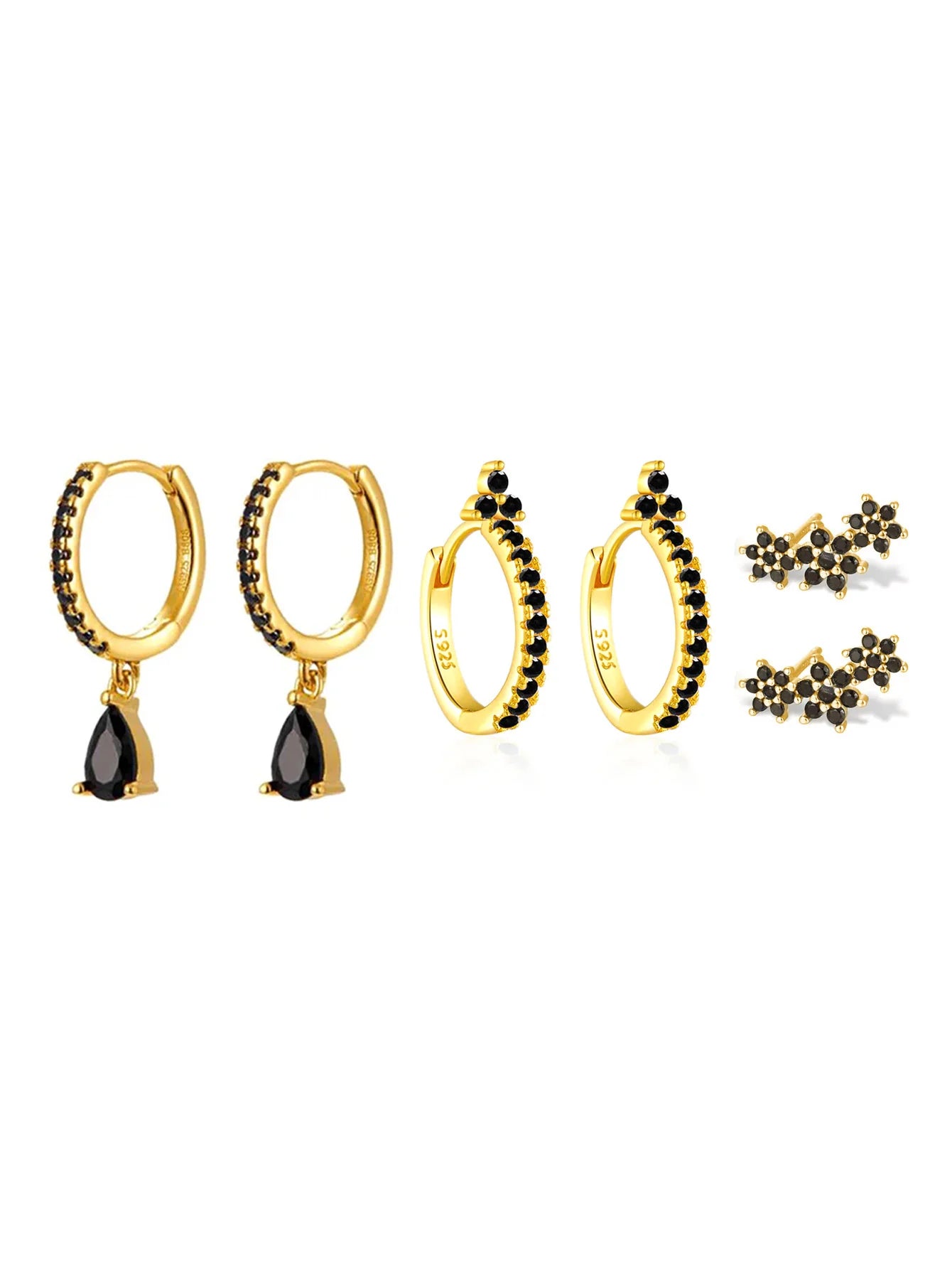 925 Sterling Silver Shiny Obsidian Flower Stud Earrings Set