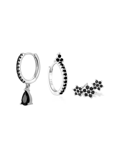 925 Sterling Silver Shiny Obsidian Flower Stud Earrings Set