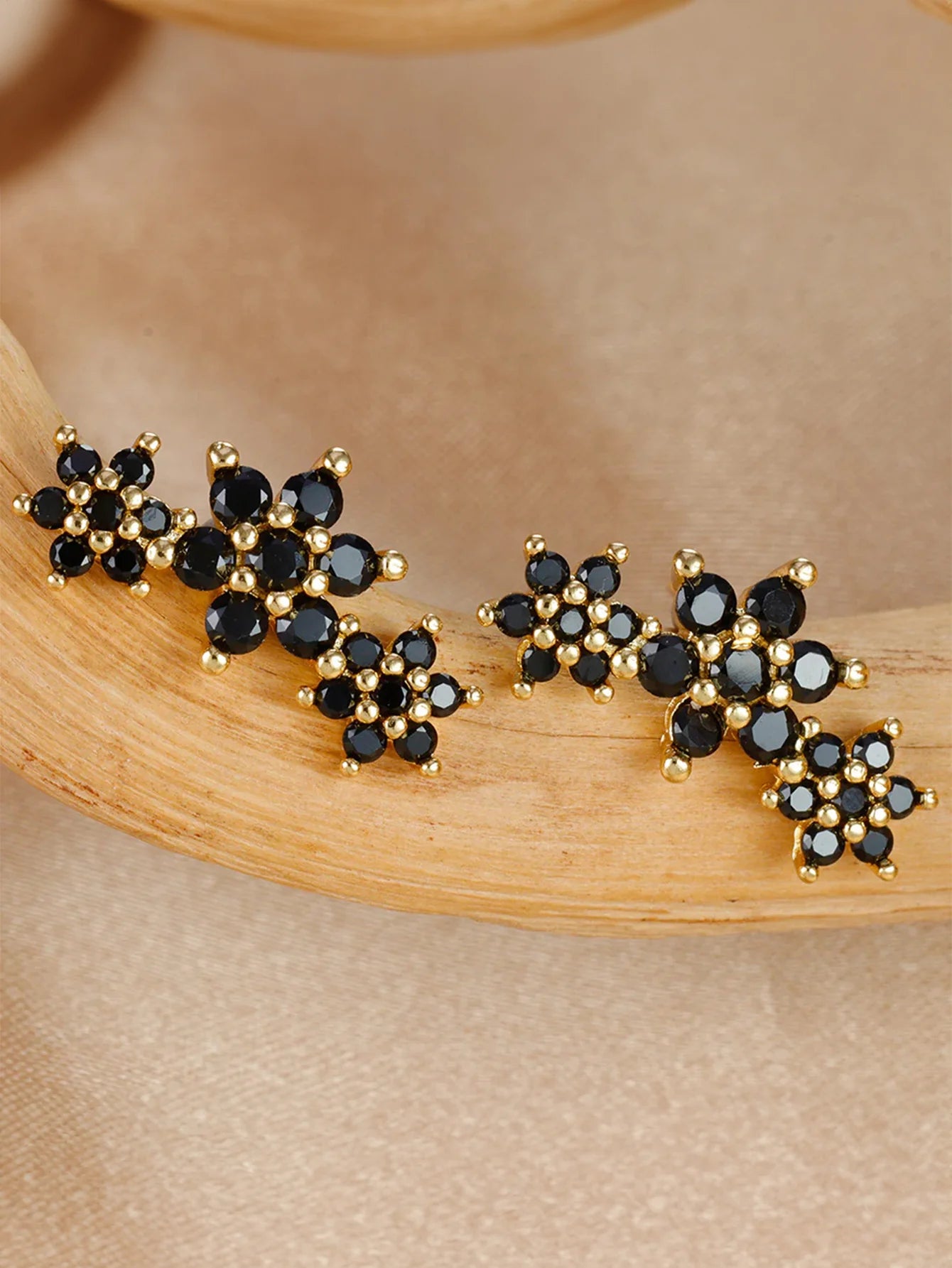925 Sterling Silver Shiny Obsidian Flower Stud Earrings Set