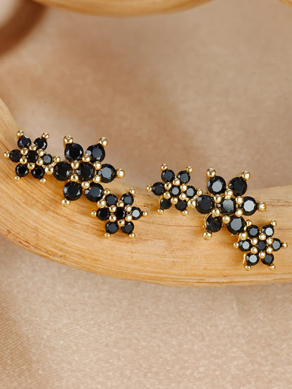 925 Sterling Silver Shiny Obsidian Flower Stud Earrings Set