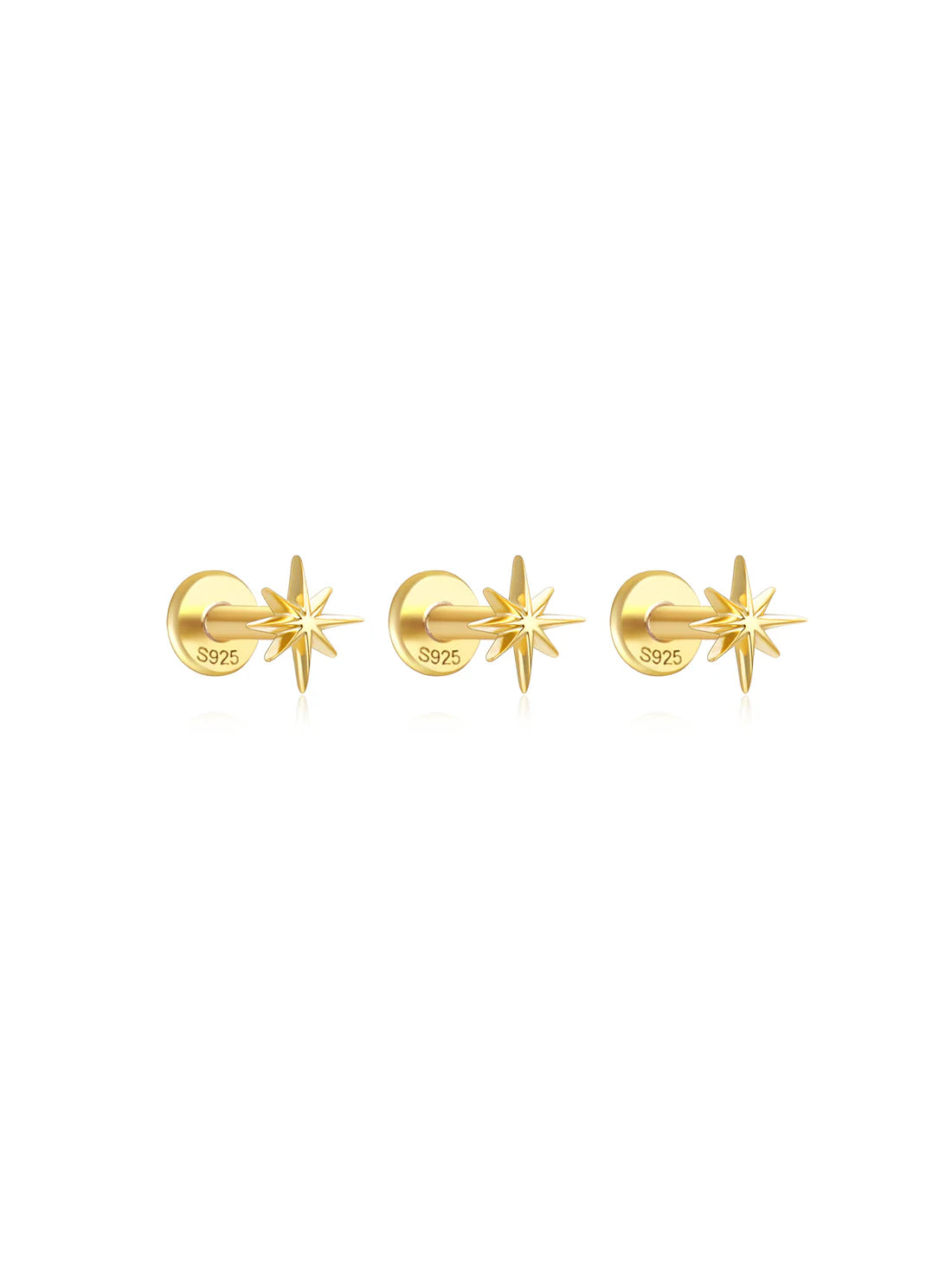 925 Sterling Silver 3-Piece Set Of Octagonal Star Flat Back Piercing Studs