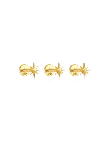 925 Sterling Silver 3-Piece Set Of Octagonal Star Flat Back Piercing Studs