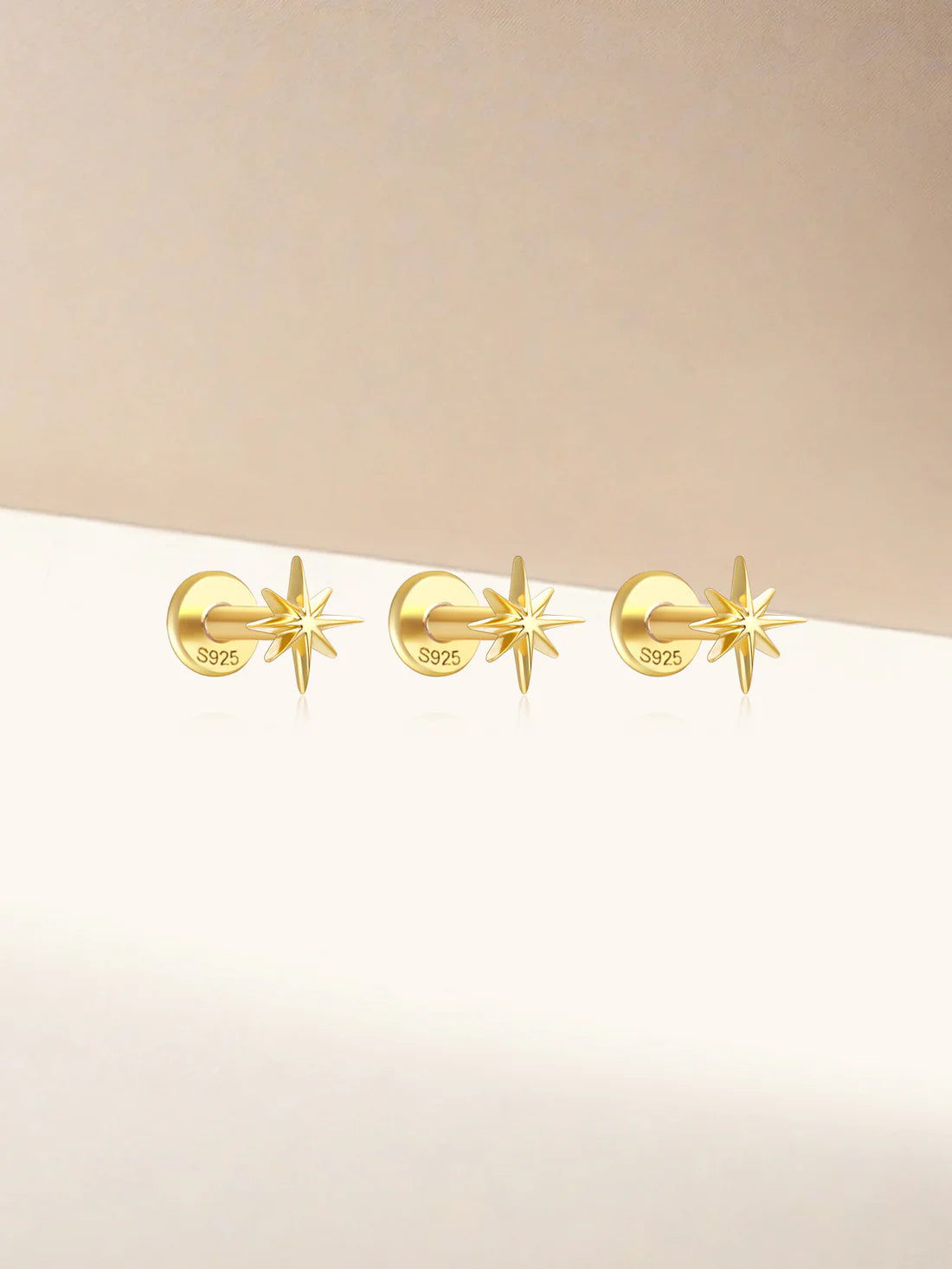 925 Sterling Silver 3-Piece Set Of Octagonal Star Flat Back Piercing Studs