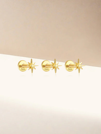 925 Sterling Silver 3-Piece Set Of Octagonal Star Flat Back Piercing Studs