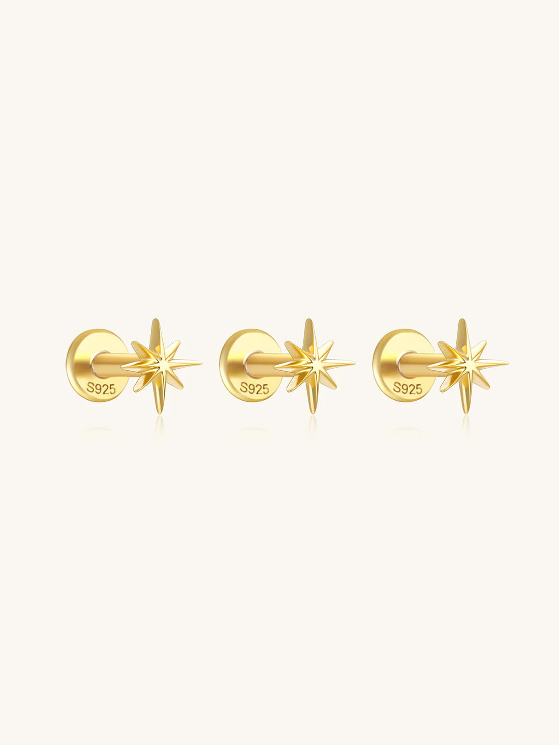 925 Sterling Silver 3-Piece Set Of Octagonal Star Flat Back Piercing Studs
