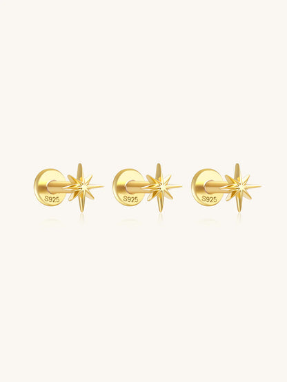 925 Sterling Silver 3-Piece Set Of Octagonal Star Flat Back Piercing Studs
