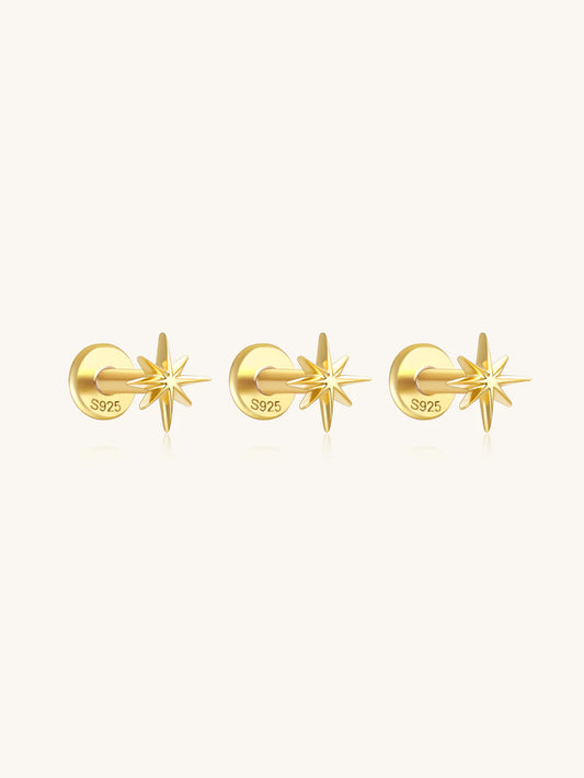 925 Sterling Silver 3-Piece Set Of Octagonal Star Flat Back Piercing Studs
