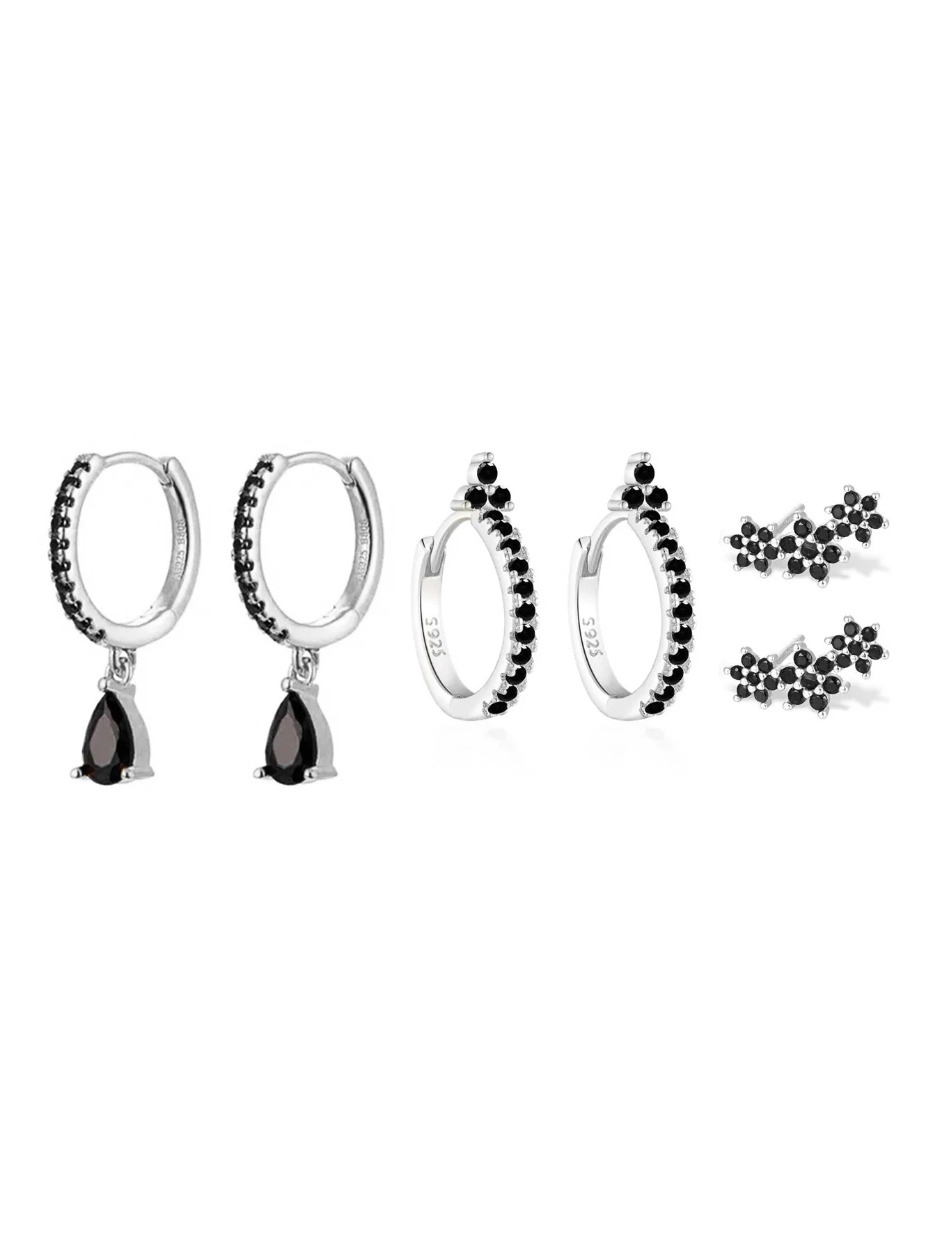 925 Sterling Silver Shiny Obsidian Flower Stud Earrings Set