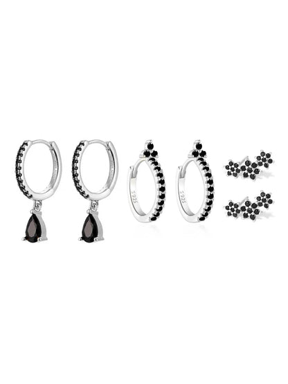 925 Sterling Silver Shiny Obsidian Flower Stud Earrings Set