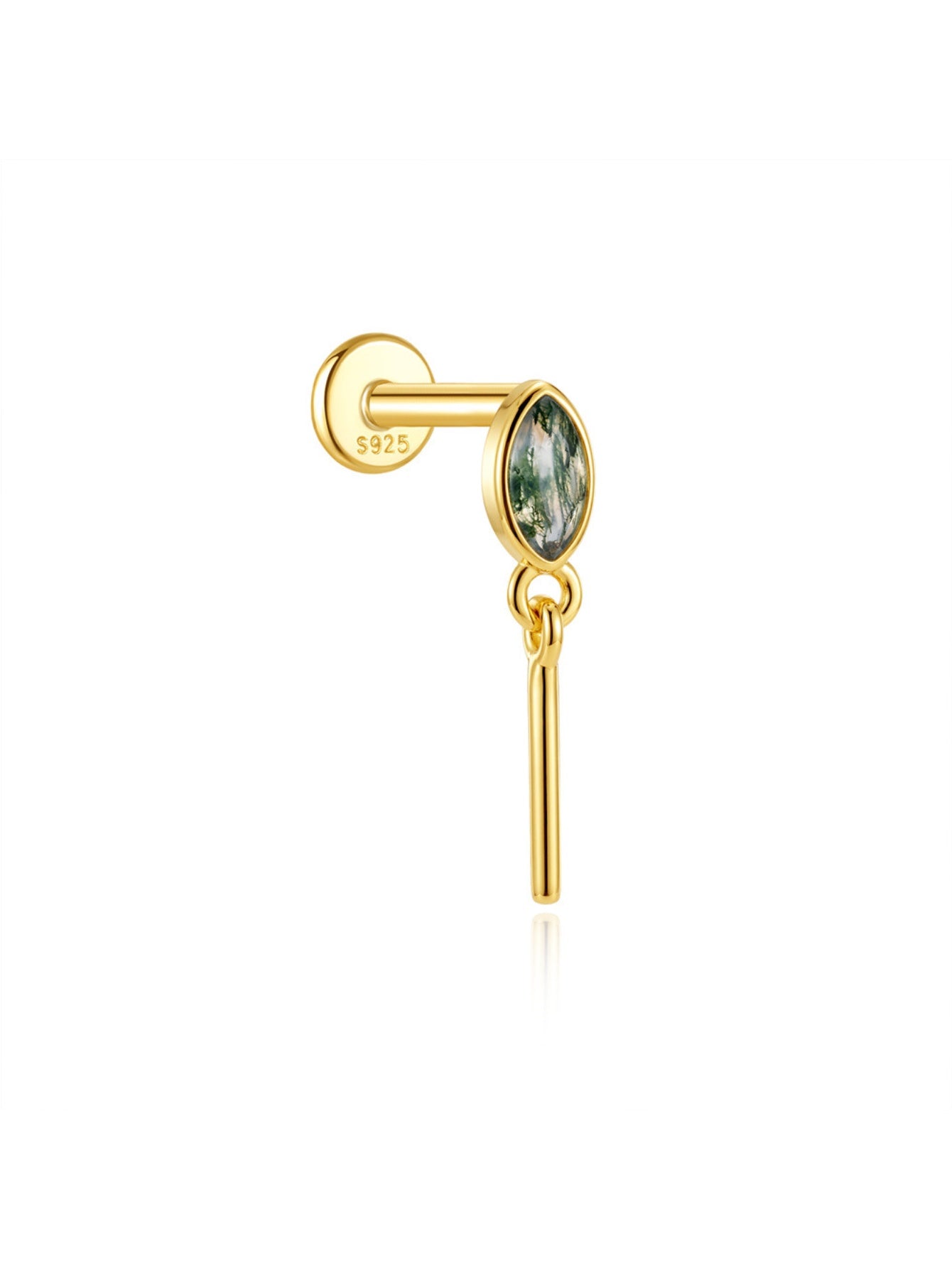 925 Sterling Silver Moss Agate Dangle Flat Back Stud