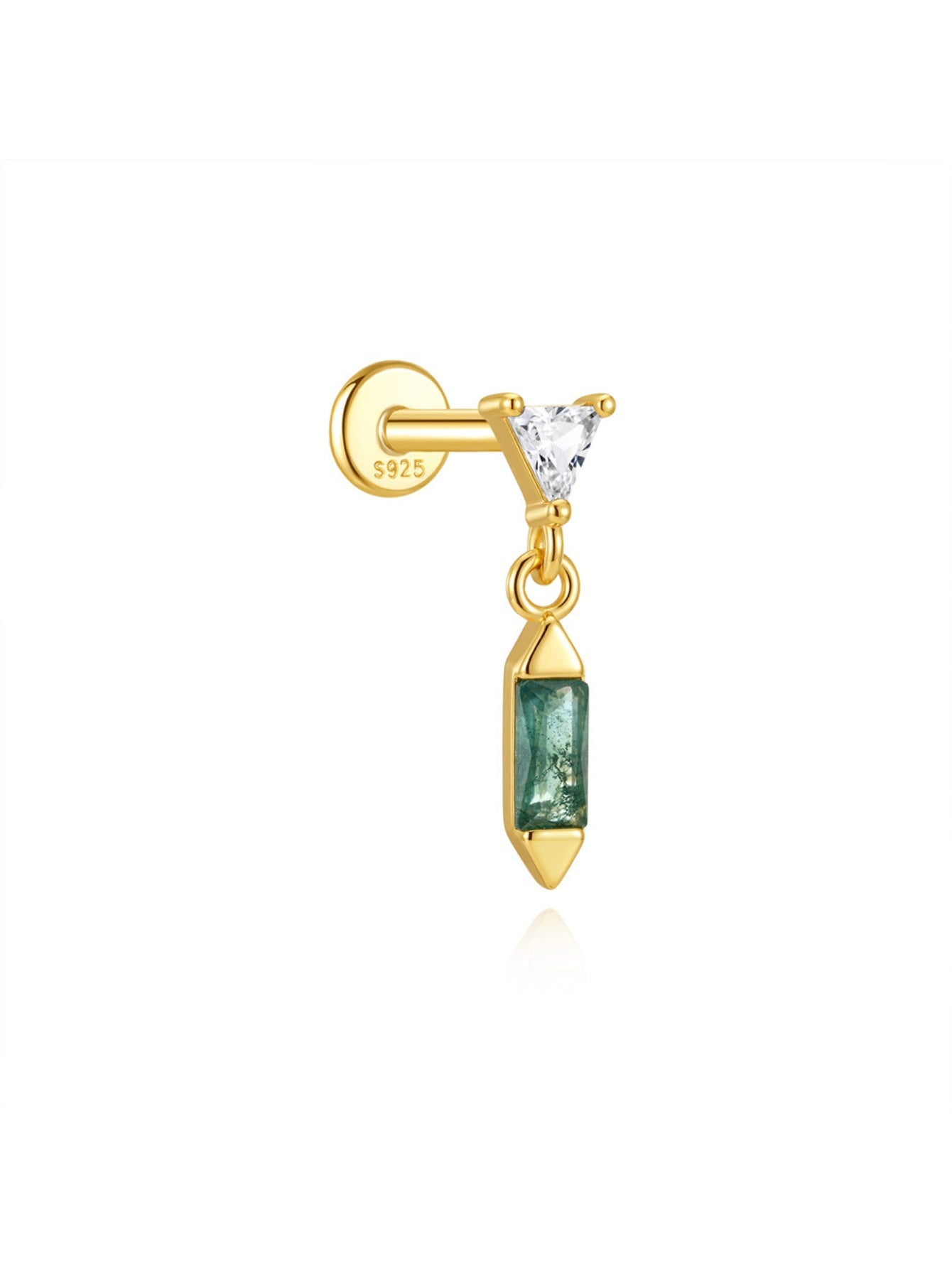 925 Sterling Silver Moss Agate Geometric Dangle Stud