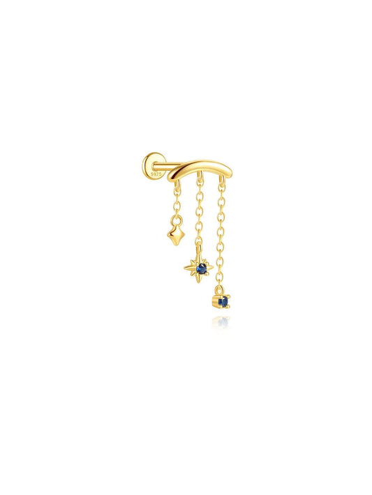 925 sterling silver hidden helix earring with triple chains and blue stone accents