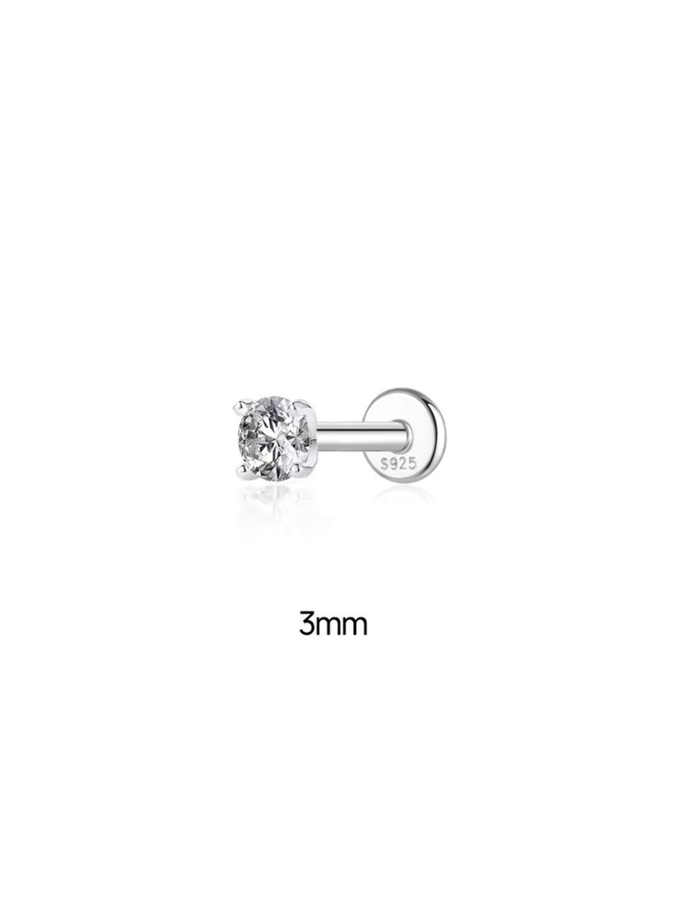 3mm moissanite flat back stud in 925 sterling silver