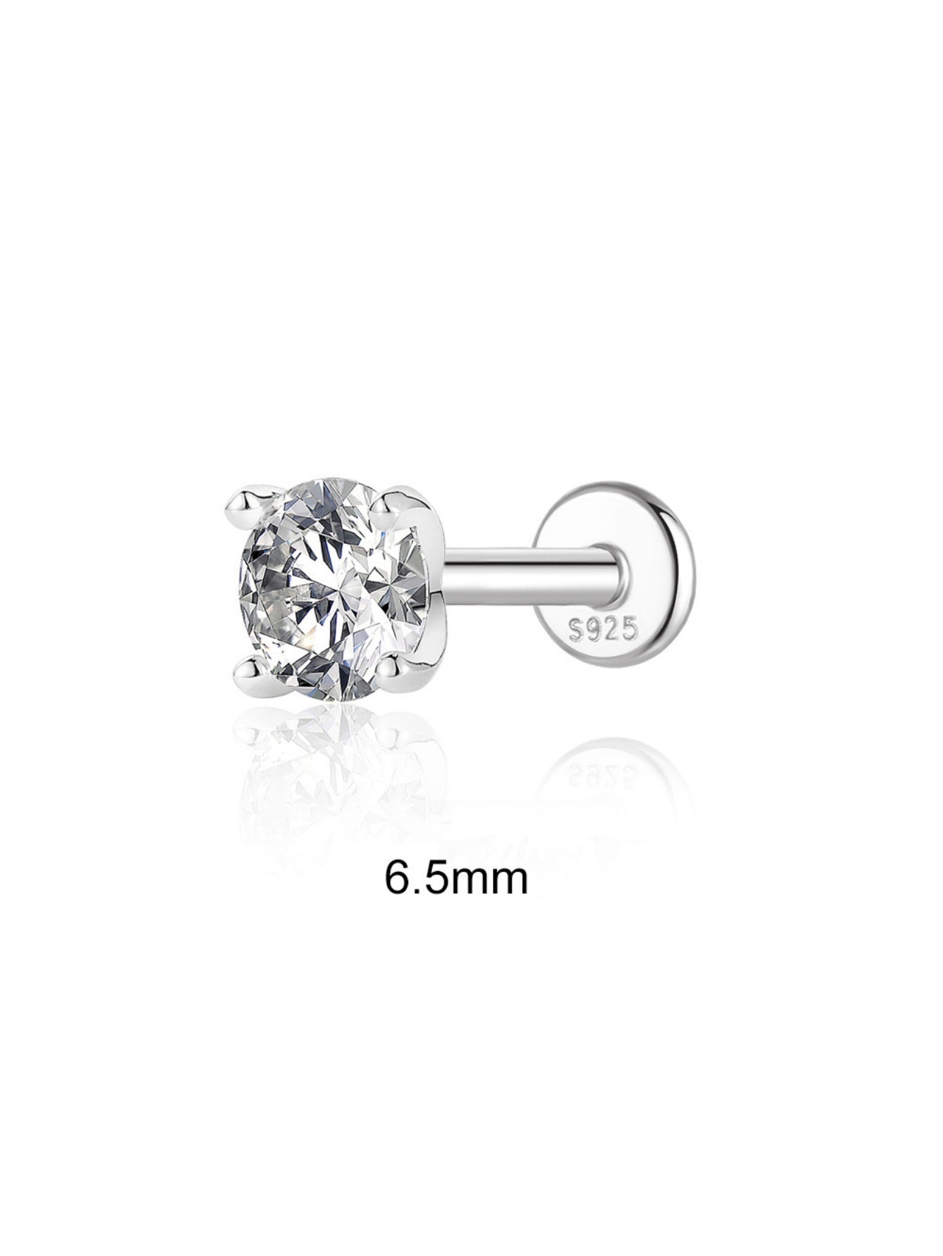 6.5mm moissanite flat back stud in 925 sterling silver