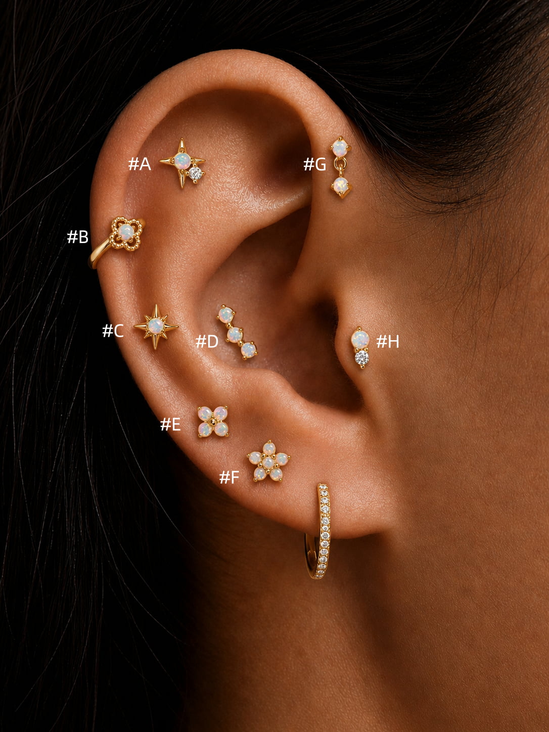 925 sterling silver opal flat back ear stack labeled guide showing styles A to H for helix lobe tragus and cartilage piercings