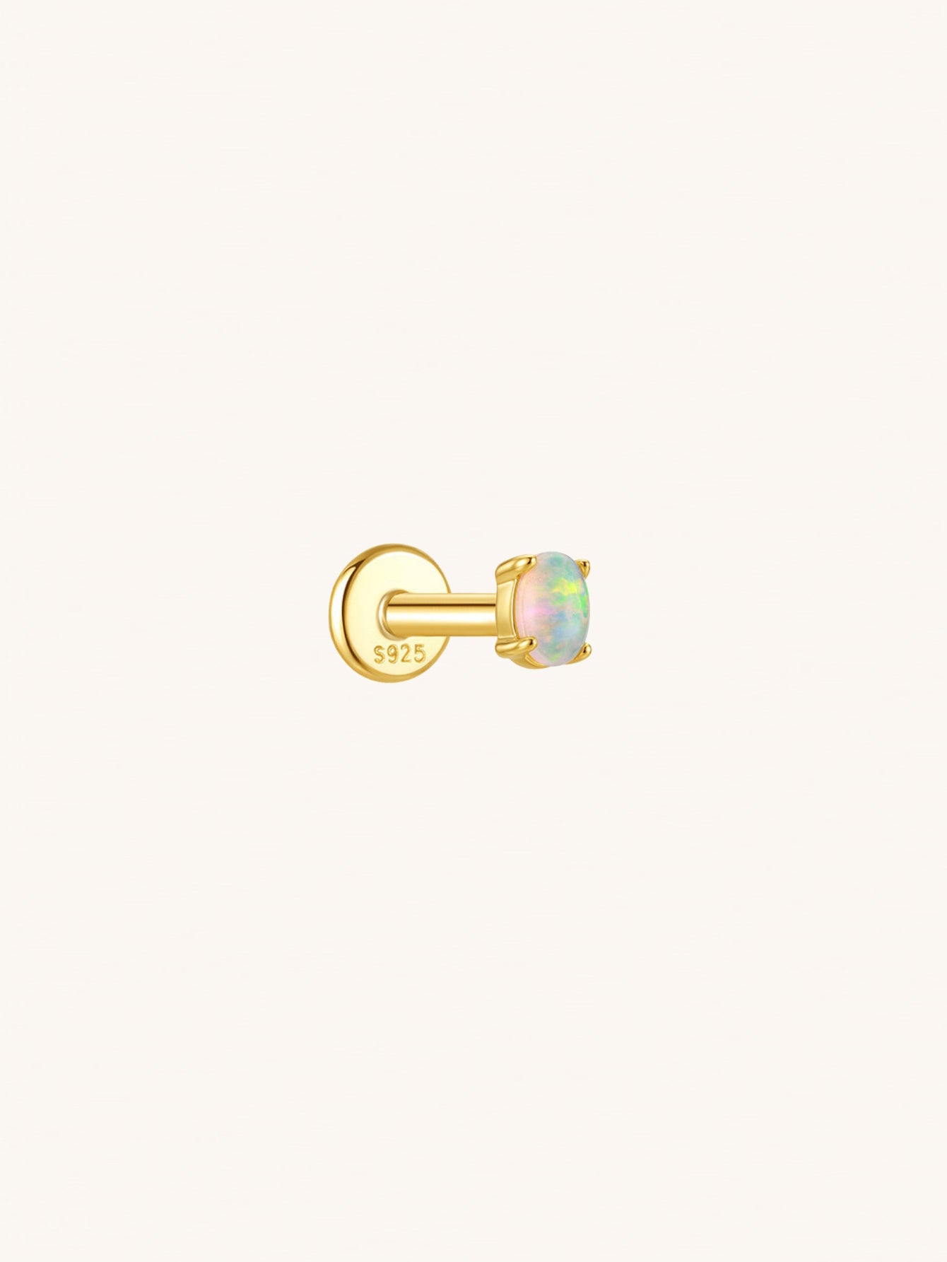 Opal flat back piercing earring in 925 sterling silver on beige background