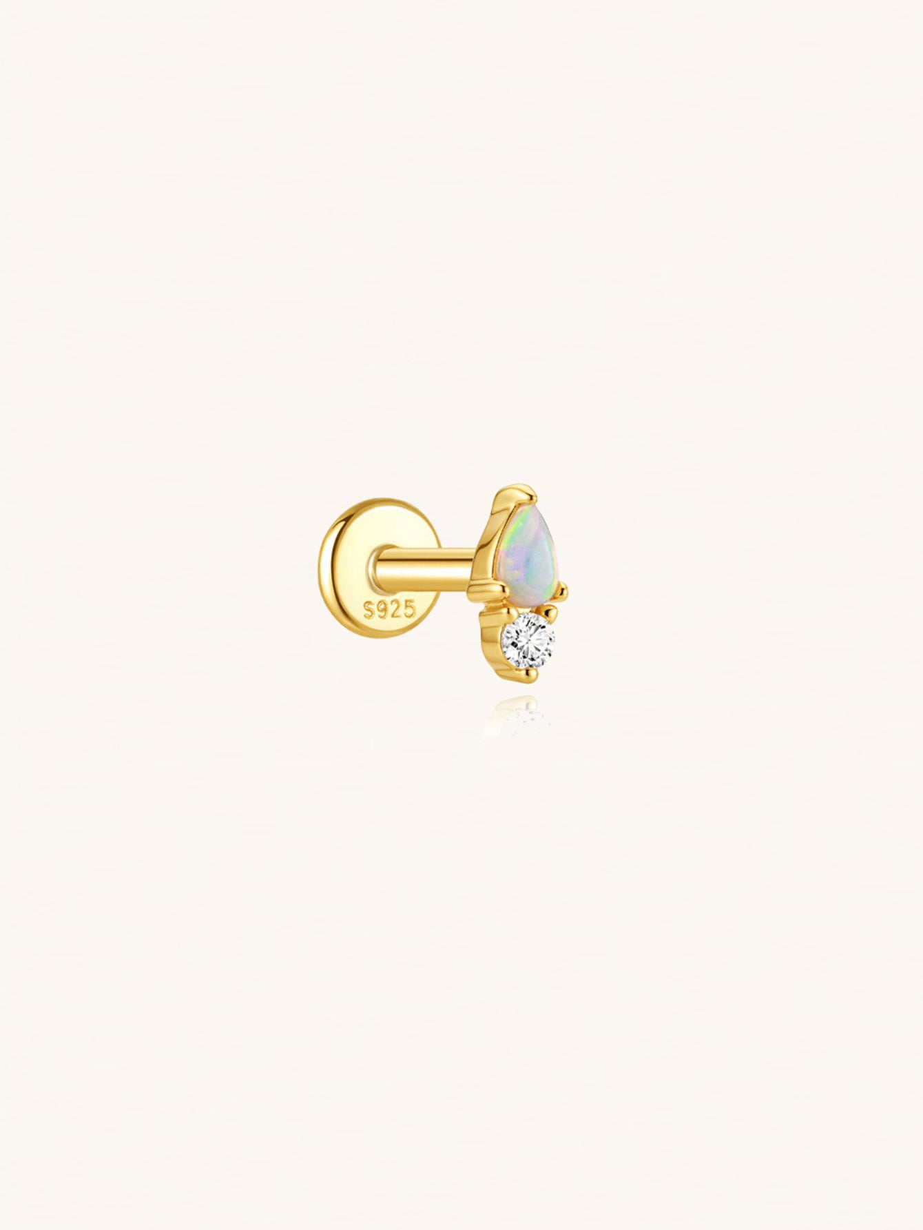 Opal teardrop flat back cartilage earring in 925 sterling silver with CZ accent