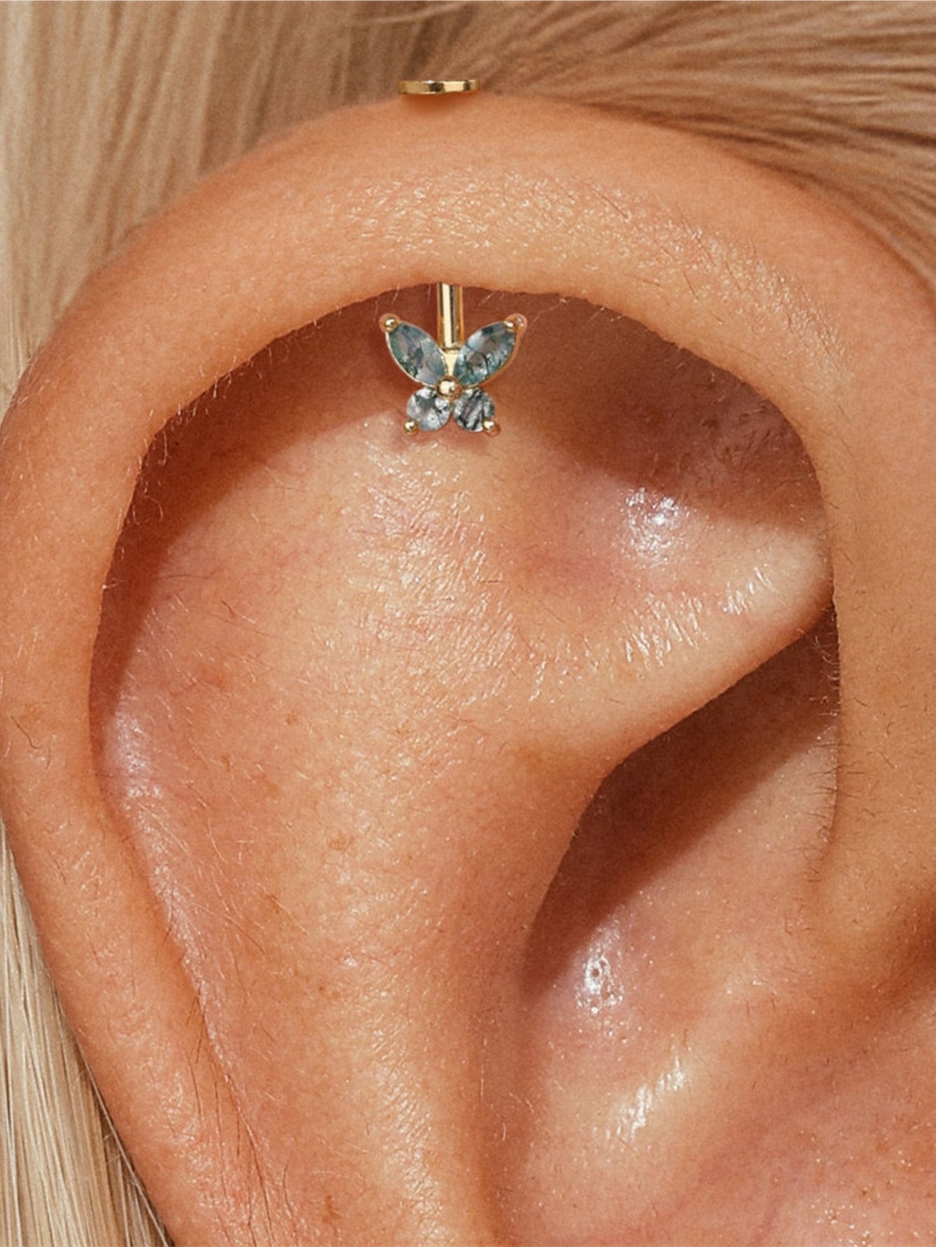 925 Natural Moss Agate Butterfly Vertical Helix Stud