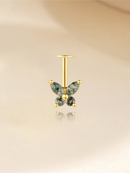 925 Natural Moss Agate Butterfly Vertical Helix Stud