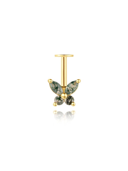 925 Natural Moss Agate Butterfly Vertical Helix Stud