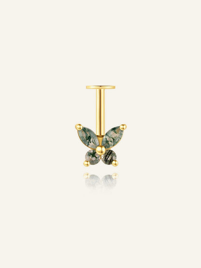 925 Natural Moss Agate Butterfly Vertical Helix Stud