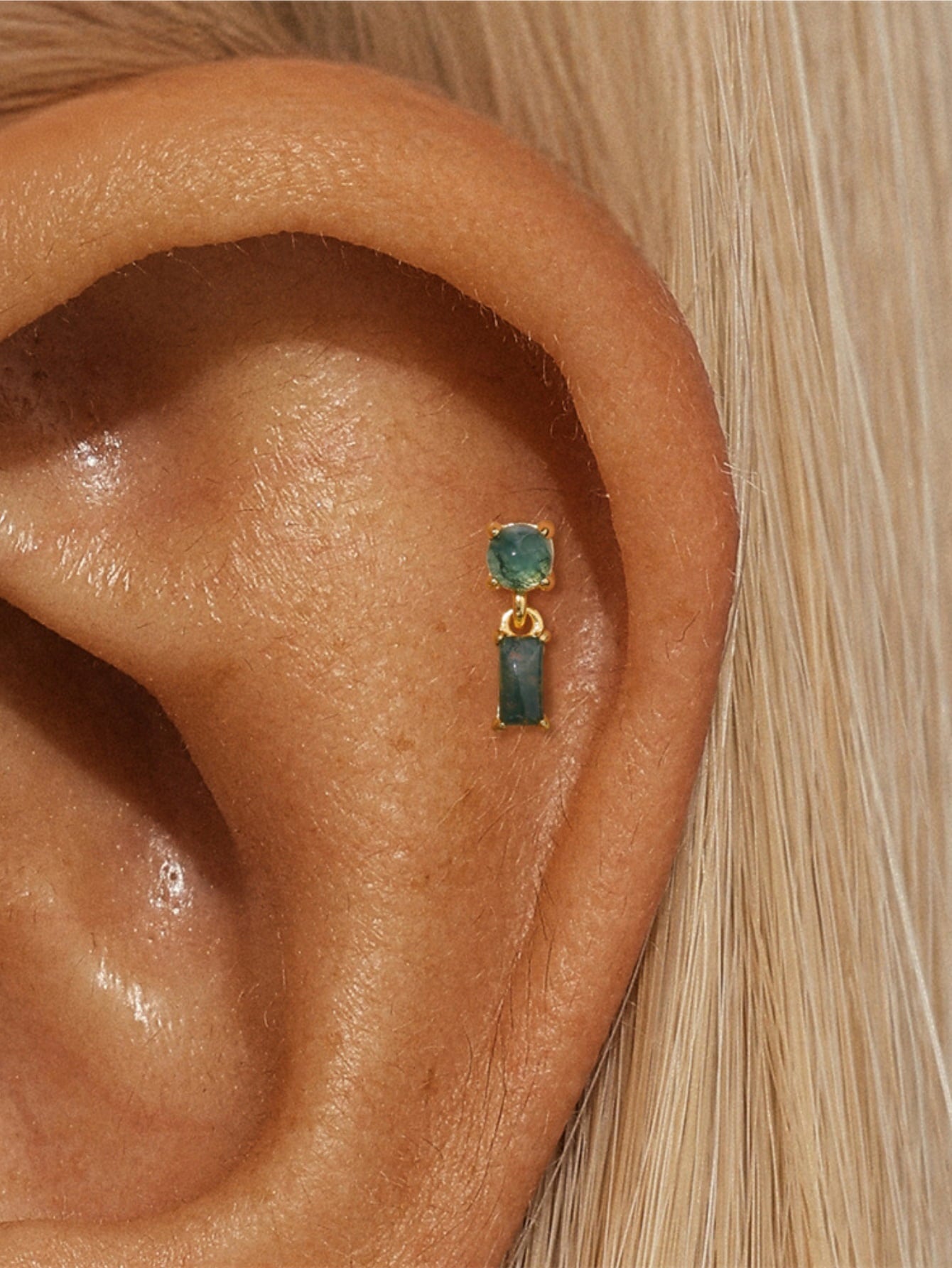 925 Natural Moss Agate Dangle Flat Back Stud