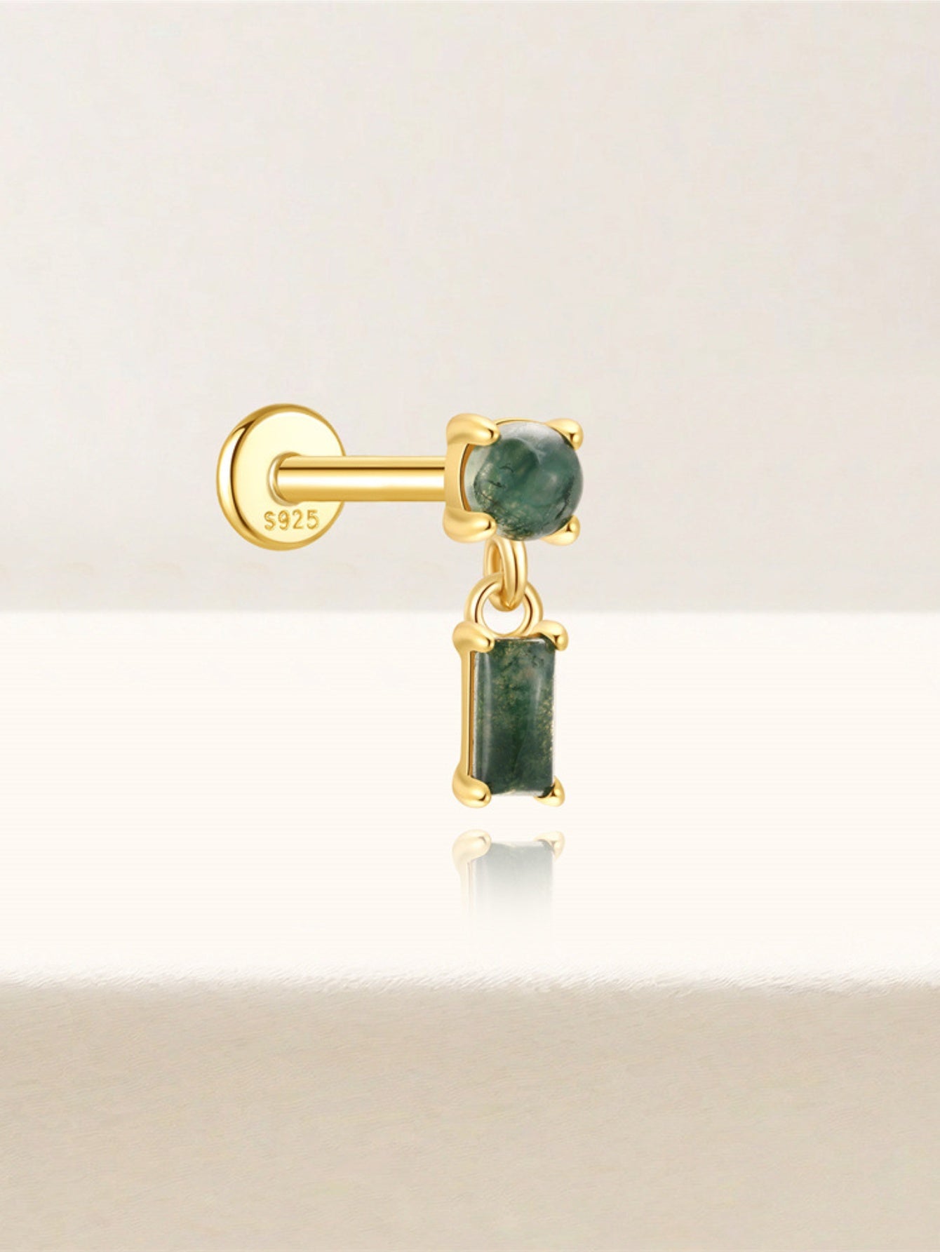 925 Natural Moss Agate Dangle Flat Back Stud