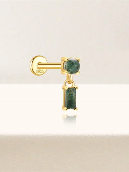 925 Natural Moss Agate Dangle Flat Back Stud