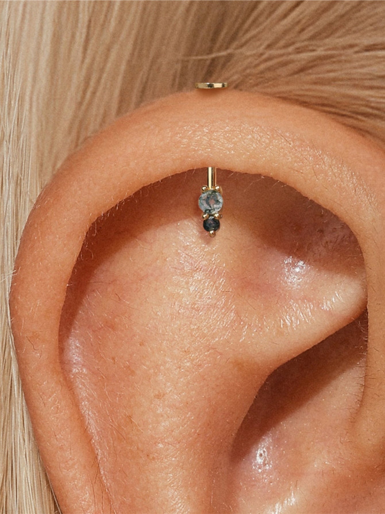 925 Natural Moss Agate Double Bead Vertical Helix Stud