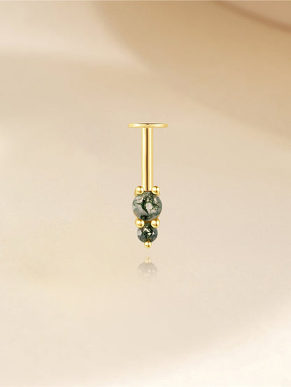 925 Natural Moss Agate Double Bead Vertical Helix Stud