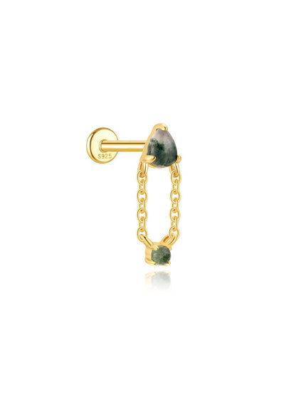 925 Natural Moss Agate Double Chain Drop Flat Back Stud