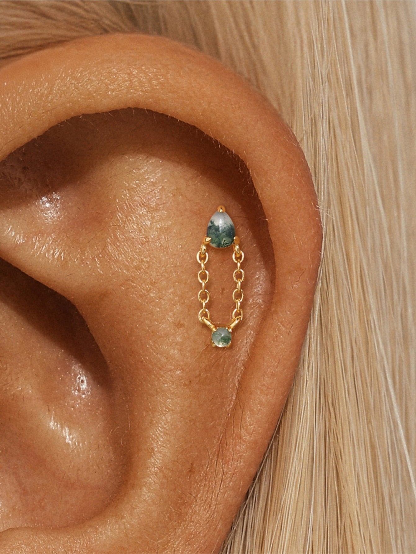 925 Natural Moss Agate Double Chain Drop Flat Back Stud