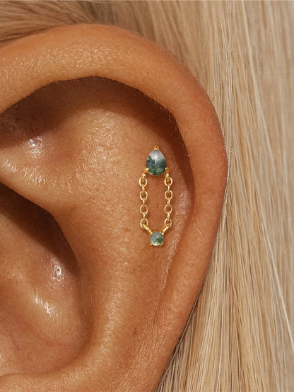 925 Natural Moss Agate Double Chain Drop Flat Back Stud