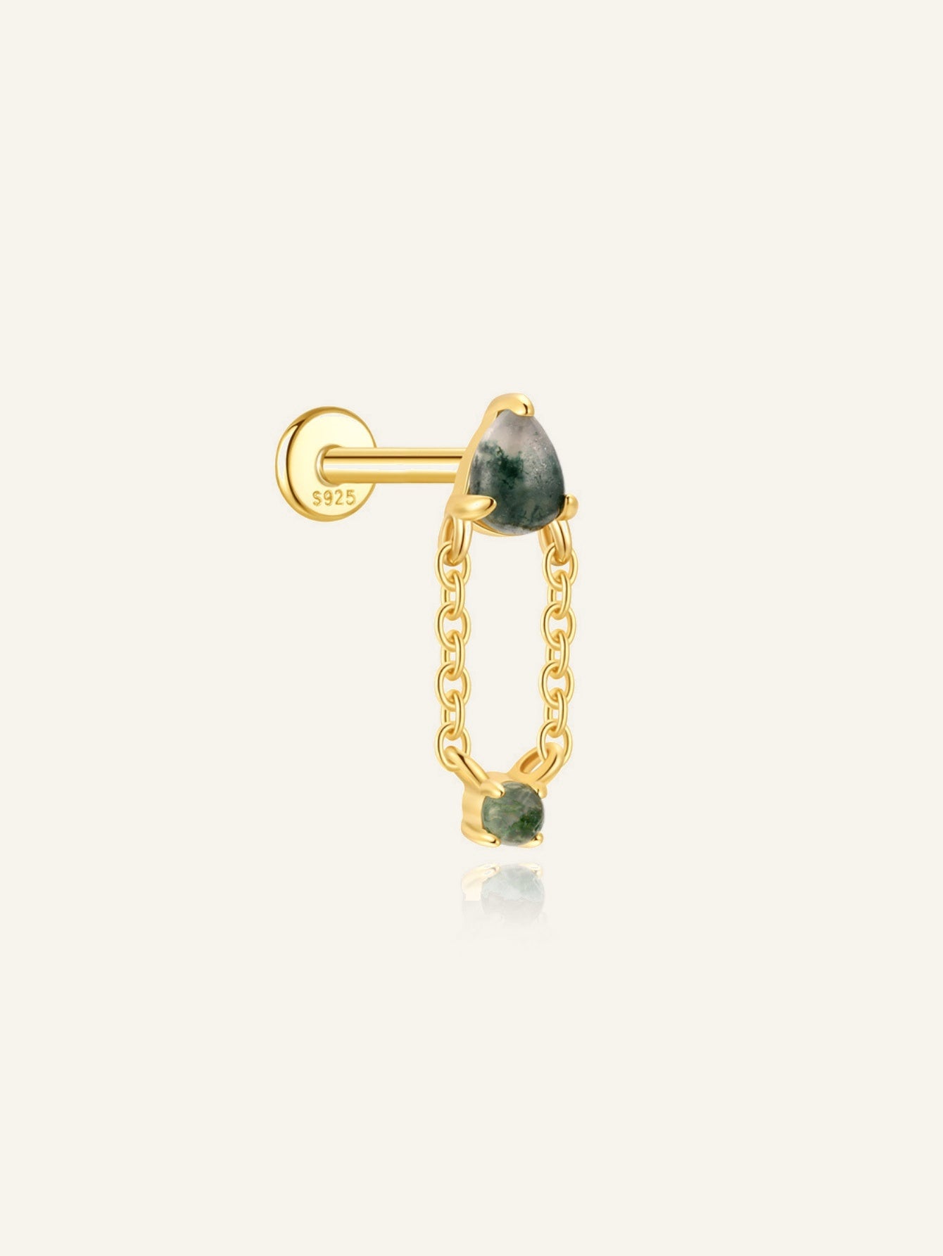 925 Natural Moss Agate Double Chain Drop Flat Back Stud