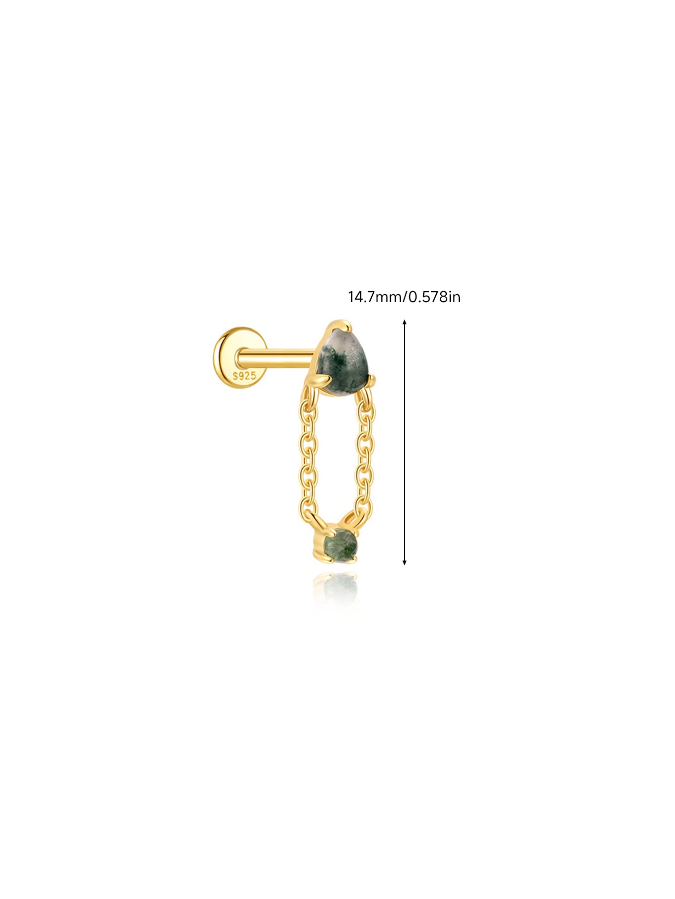 925 Natural Moss Agate Double Chain Drop Flat Back Stud