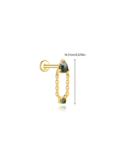 925 Natural Moss Agate Double Chain Drop Flat Back Stud