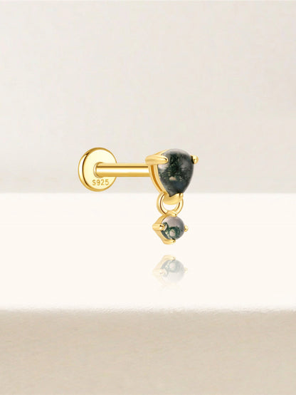 925 Natural Moss Agate Double Drop Flatback Stud