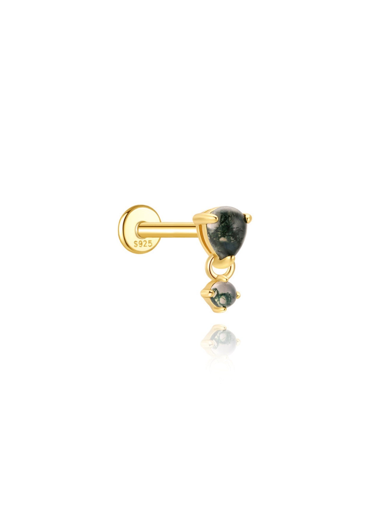 925 Natural Moss Agate Double Drop Flatback Stud