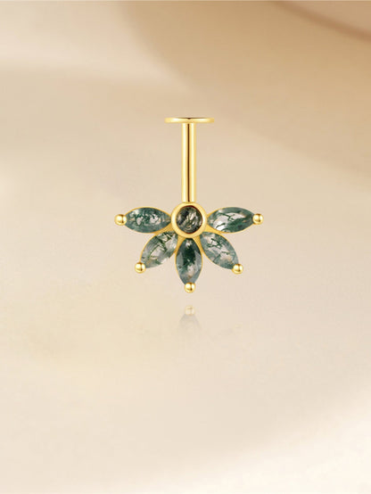 925 Natural Moss Agate Flower Vertical Helix Stud