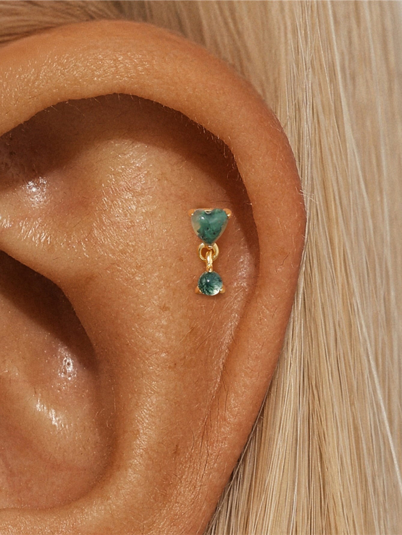 925 Natural Moss Agate Heart Dangle Flatback Stud