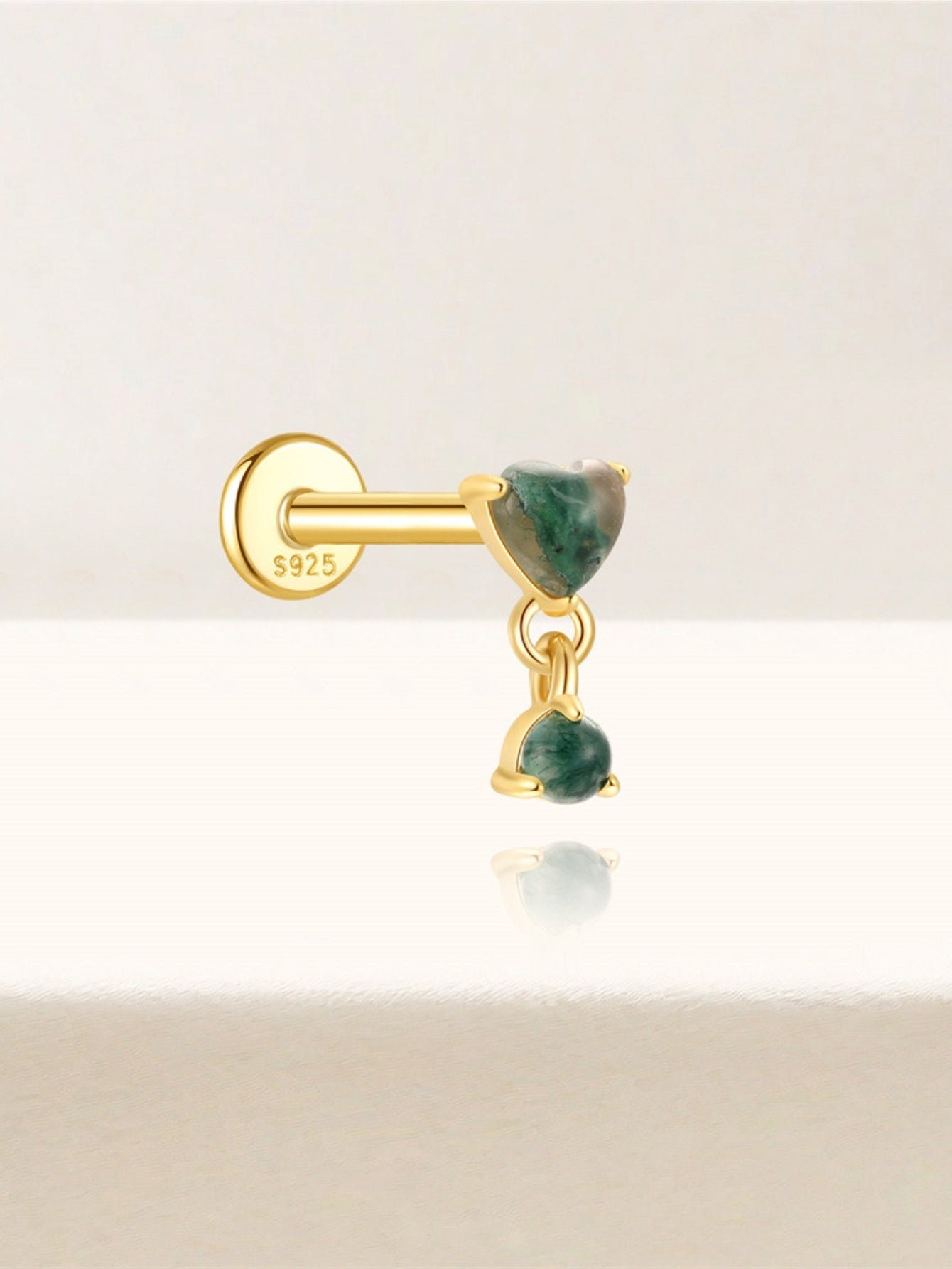 925 Natural Moss Agate Heart Dangle Flatback Stud