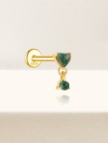 925 Natural Moss Agate Heart Dangle Flatback Stud