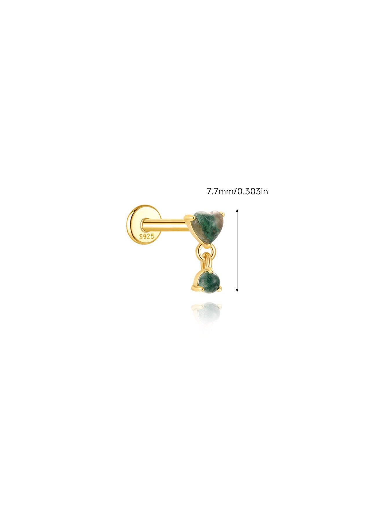 925 Natural Moss Agate Heart Dangle Flatback Stud
